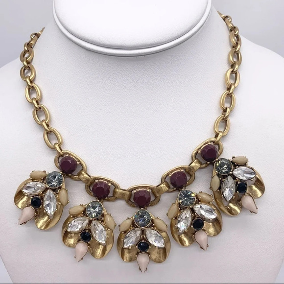 J. Crew Black Burgundy Beige Crystal Necklace - Picture 1 of 3